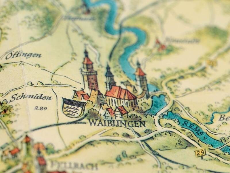 Kartenausschnitt zeigt Waiblingen auf einer historischen Landkarte
